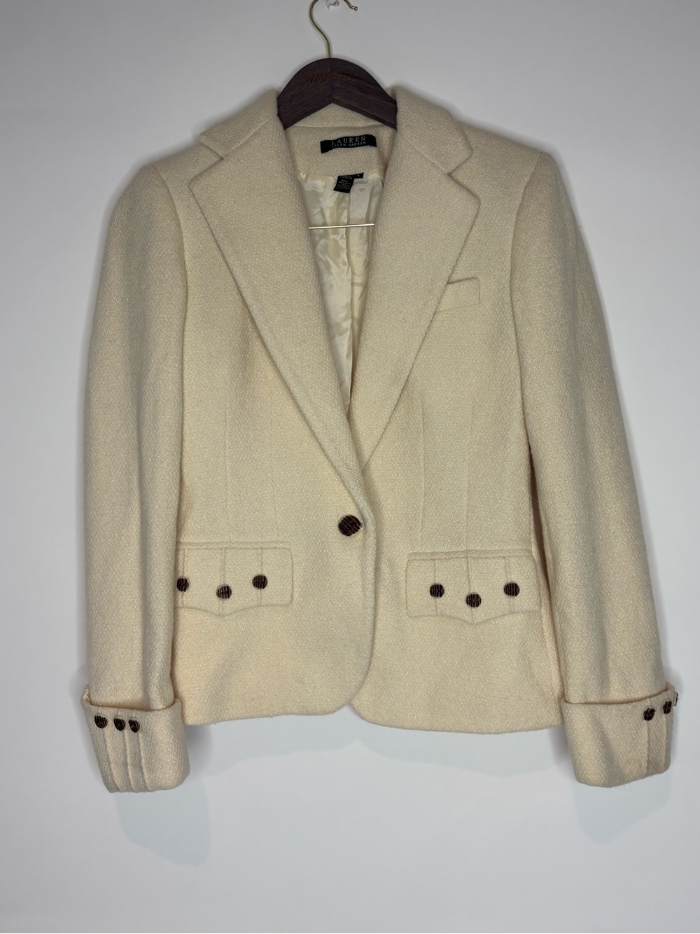 RALPH LAUREN Womens 4 Cream Ivory Wool Lined Blazer Jacket W Brown Buttons